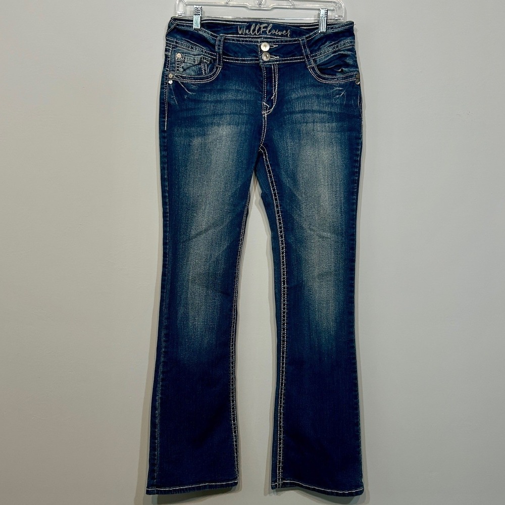 WallFlower Bootcut Jeans Female 9 Dark Blue Contrast Stitch Bow Embroidery B131